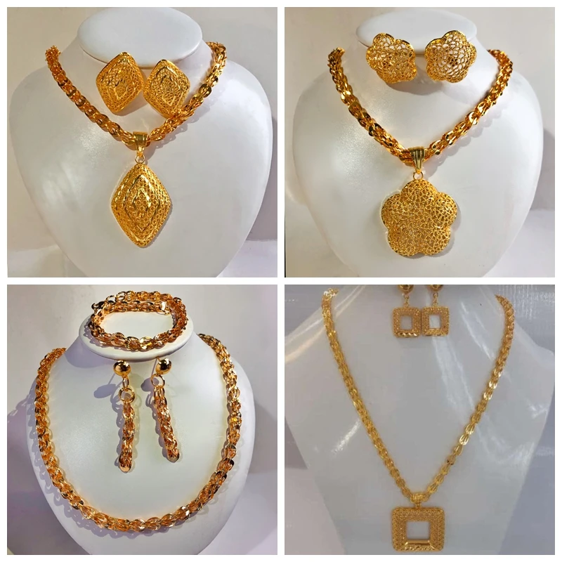 WANDO-pendientes con forma de flor para mujer, conjunto de joyería de boda, de 24K, Color dorado, Dubai, Nigeria, Francia, Gran Collar de cola de Fénix