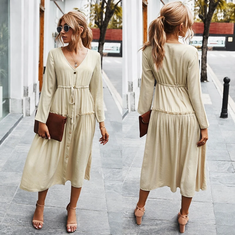 

Women Autumn Sexy V-Neck Midi Flowy Dress Long Sleeve Buttons Drawstring High Waist Solid Color Ruffles Pleated Loose Streetwear