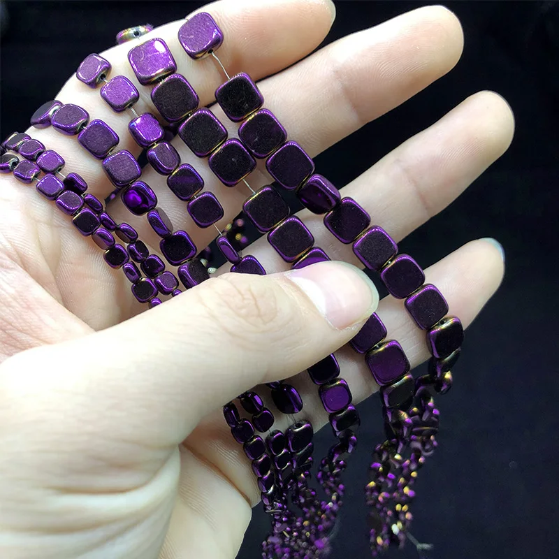 

Purple Plating Hematite Square Beads Natural Stone Flat Spacer Loose beads for Jewelry Bracelet Making Pendant Accessories DIY
