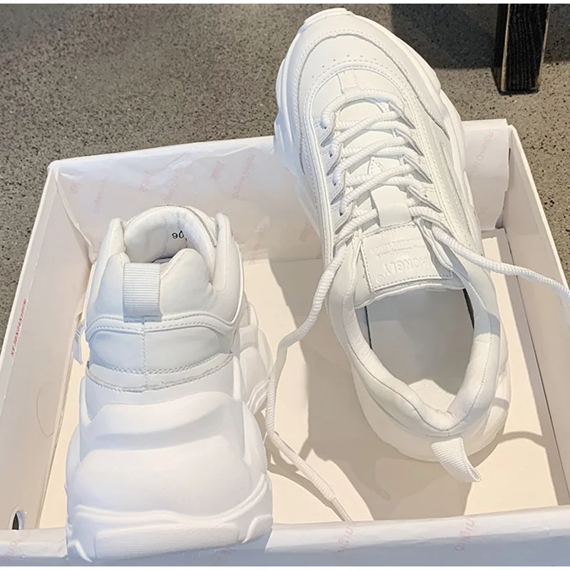 

Women's Sneakers Thick Bottom Vulcanized Shoes Solid Female Little White Shoes Lace-Up Fashion Casual Ladies Daddy Shoes 2021