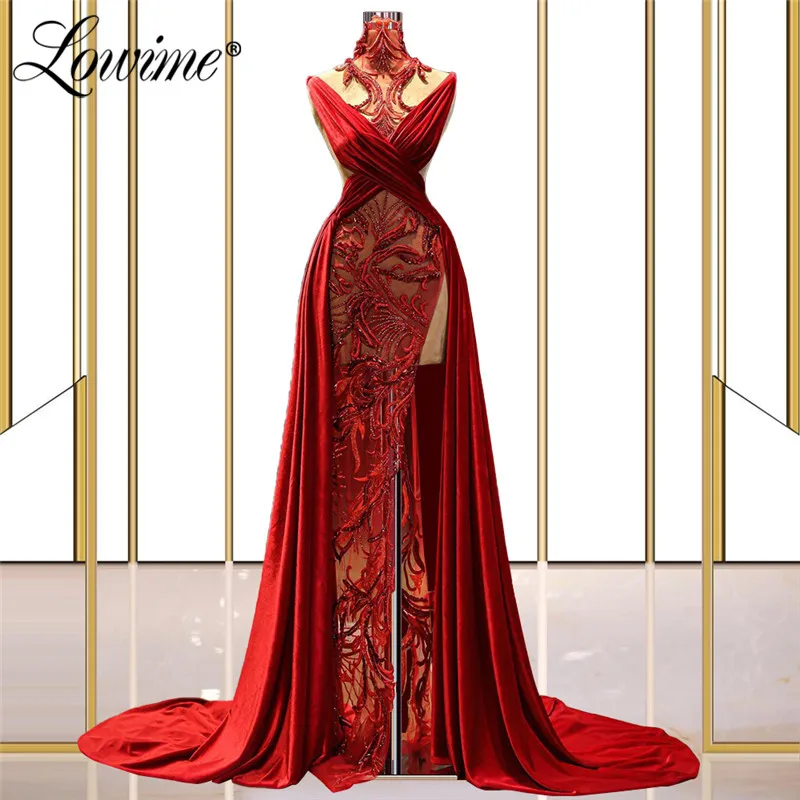 

Lowime Red Long Mermaid Celebrity Dresses Dubai Arabic Party Dress With Split Illusion Evening Gowns 2021 Robes Lace Beaded Prom