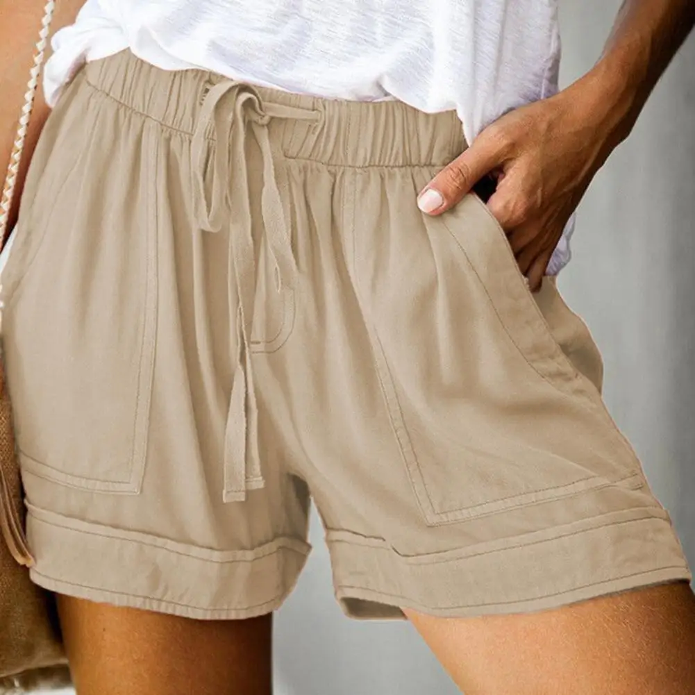 

2021 New Women High Waist Pockets Bottoms Solid Color Elastic Waist Loose Shorts for Summer
