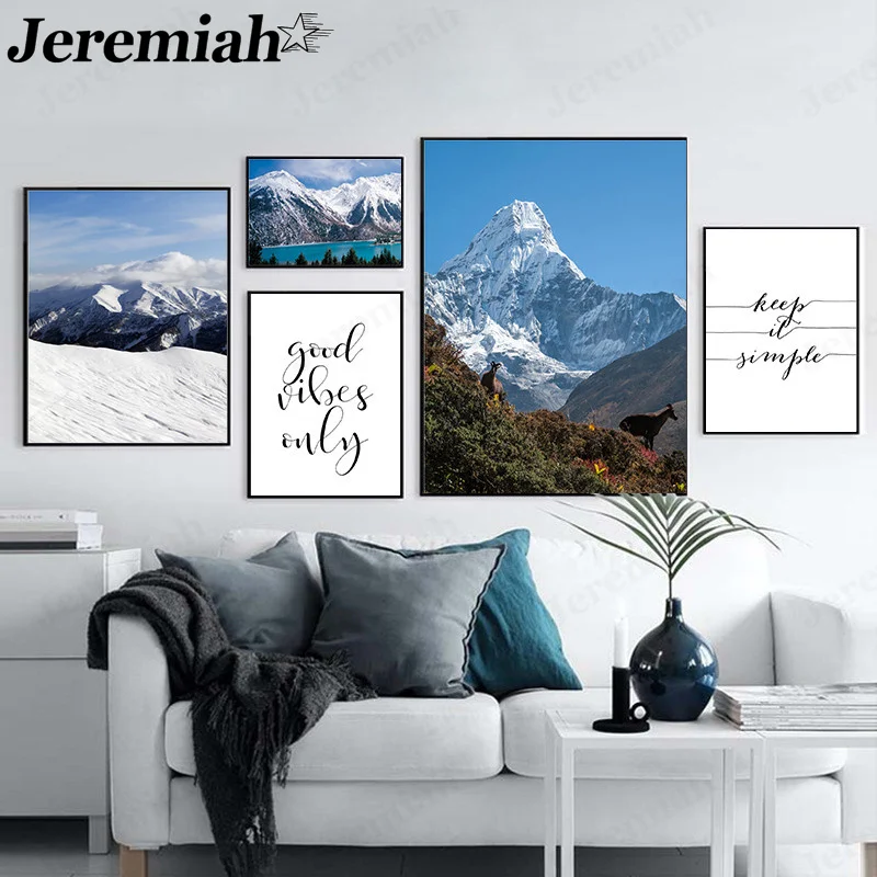 

Modern Natural Landscape Canvas Poster Letter Snow Mountain Blue Sky Painting Wall Art Nordic Minimalist Room Decoration