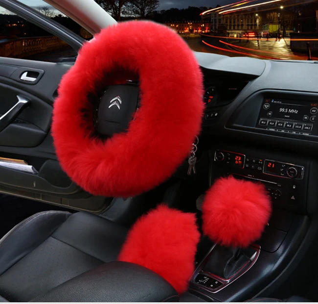 3pcs red 3 шт./компл. Зимняя шерстяная одежда Чехол рулевого колеса автомобиля с австралийской шерсти с подогревом меха рулевое колесо крышка стояночного тормоза Шестерни переключения крышки - Название цвета: 3pcs red