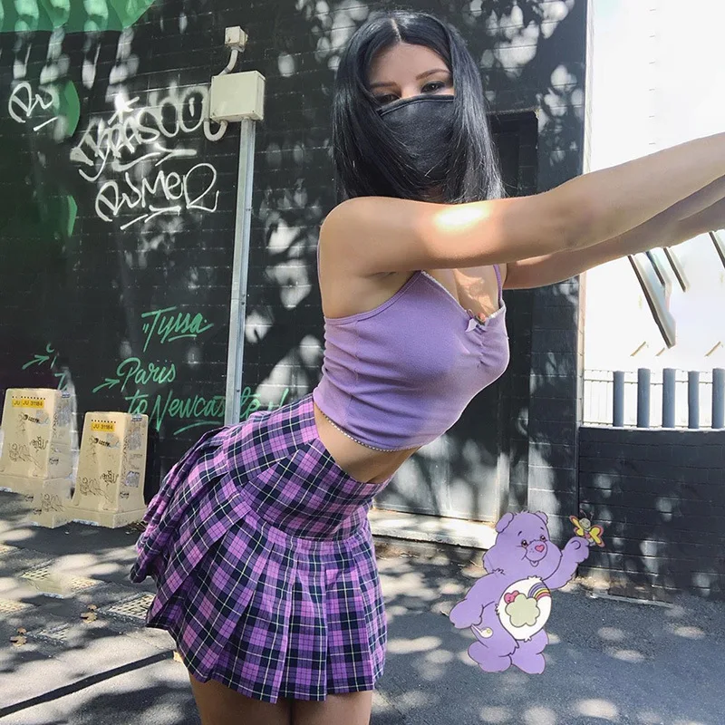 

2020 Sweet Cute Bow Purple Spaghetti Strap Cami Top Y2K Milkmaid Sleeveless Short Cropped E-girl Fashion Streetwear Clothes