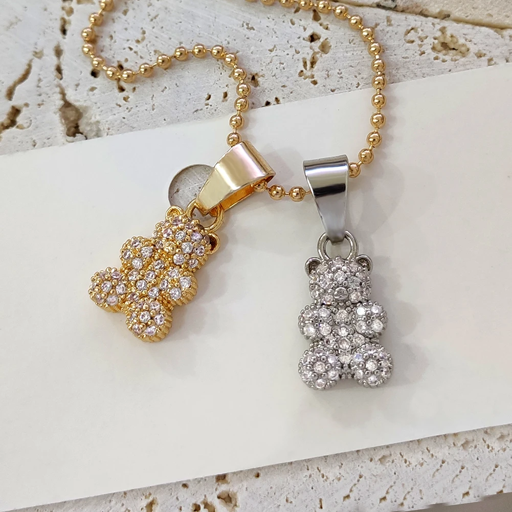 

New Gold Silver Color Metal Bear Zircon Pendant Necklace For Women Shiny Rhinestones Cartoon Animal Necklace Party Jewelry Gift