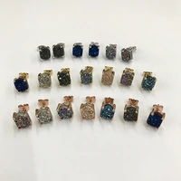 eyika 10 pairs new shinny druzy mini hexagon shape copper four claw stud earrings rose gold plated colorful opal drusy jewelry
