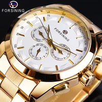 forsining mens mechanical business watch automatic golden white 3 sub dial date display steel band gentleman relojes para hombre