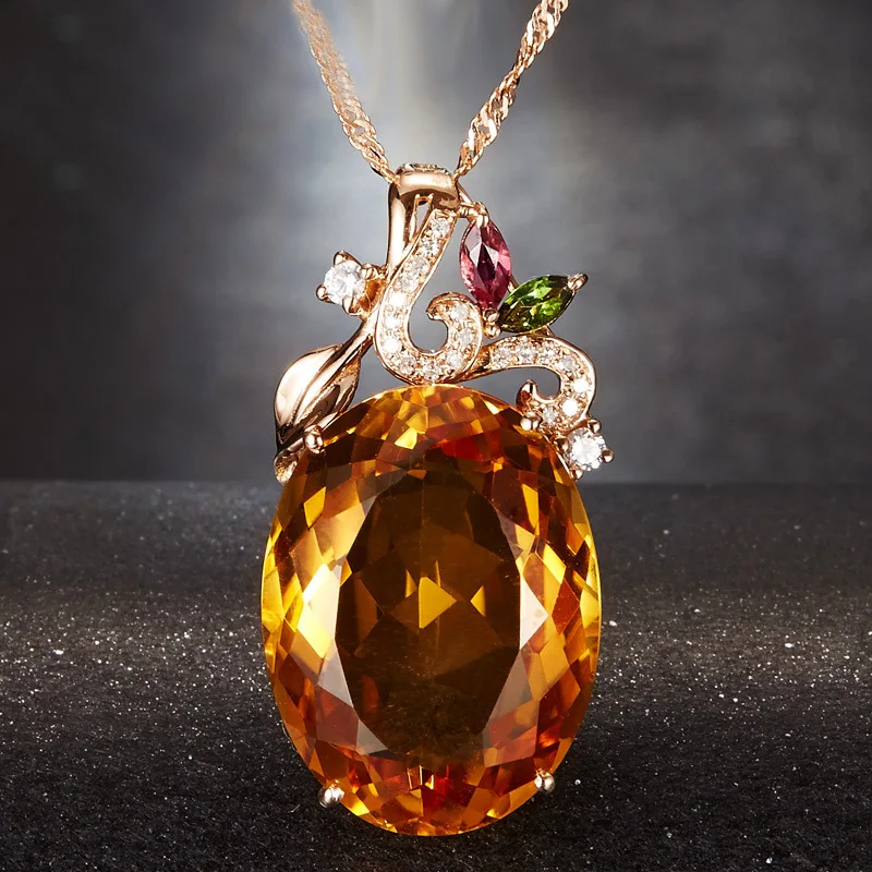 

Foydjew New Champagne Synthetic Diamond Morgan Stone Pendants 15*20mm Large Size Simulated Ruby Emerald Necklace For Women