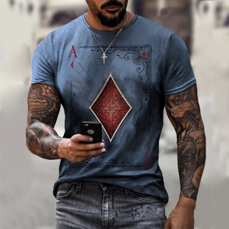 

2021 Playing Cards Diamond Square Print T-shirt Men's Summer Casual Short Sleeve Pullover Loose Tops