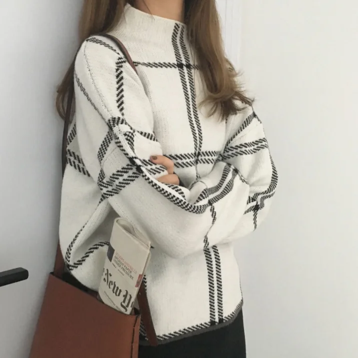 2020 Ins Winter New Women's Pullovers Sweater Fashion Plaid Turtleneck Loose Knit Full Sleeve Tops DA217 | Женская одежда