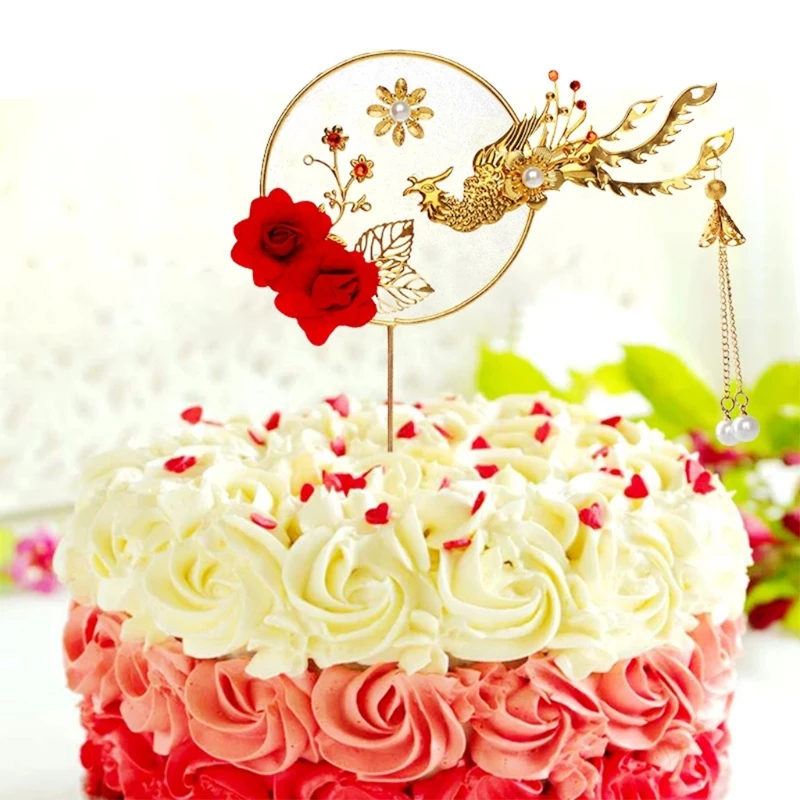 

C5AA Alloy Phoenix Cake Decoration Red Rose Cake Topper for Chinese Wedding Anniversary Party Decor