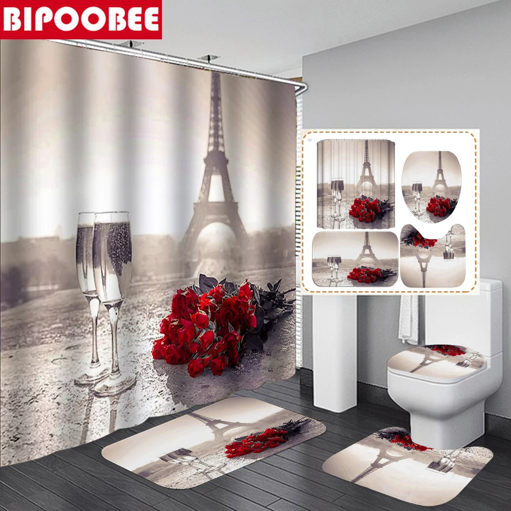 

3D Eiffel Tower Shower Curtain Wine Glass Rose Print Bathroom Curtains Valentine's Day Decoration Bath Mat Set Toilet Lid Cover