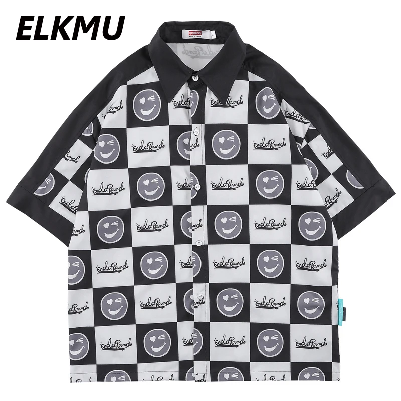 

ELKMU Harajuku Streetwear Smile Face Graffiti Plaid Shirts Men Summer Hawaiian Short Sleeve Shirt Male Tops Oversized HM408