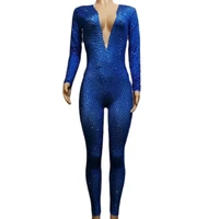 royal blue v neck backless jumpsuit full rhinestones long sleeve bodycon women nightclub dance wear stage costumes for singers