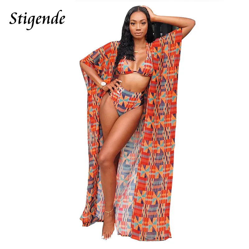 Stigende Women Three Piece Swimsuit Set Summer Beach Print 3 Piece Bikini Set Short Sleeve Swim Wear Cover Up Sexy Bathing Suits