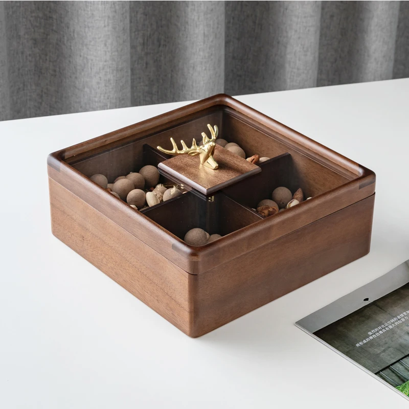 

Solid Wood Storage Box Handmade Fruit Plate Candy Box Livingroom Home Compartment With Lid Organizer Dried Fruit Snack Storager