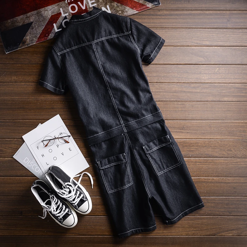 Summer Men Jeans Jumpsuit Short-Sleeved Knee Length Overalls Detachable Waist Hip-Hop Denim Shorts Black Freight Cargo Pants