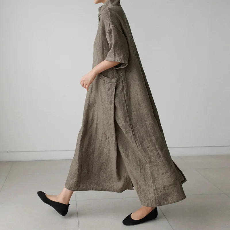 

LANMREM Loose long overknee korean trend vintage dresses with pockets 2021 summer new short sleeve V-neck cotton linen YJ196