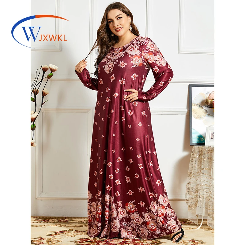 

WJXWKL 2021 Plus Size Women's Printed Spring Autumn Round Neck Long Sleeve Knit Casual Simple Loose Long Dress Robe Islamic