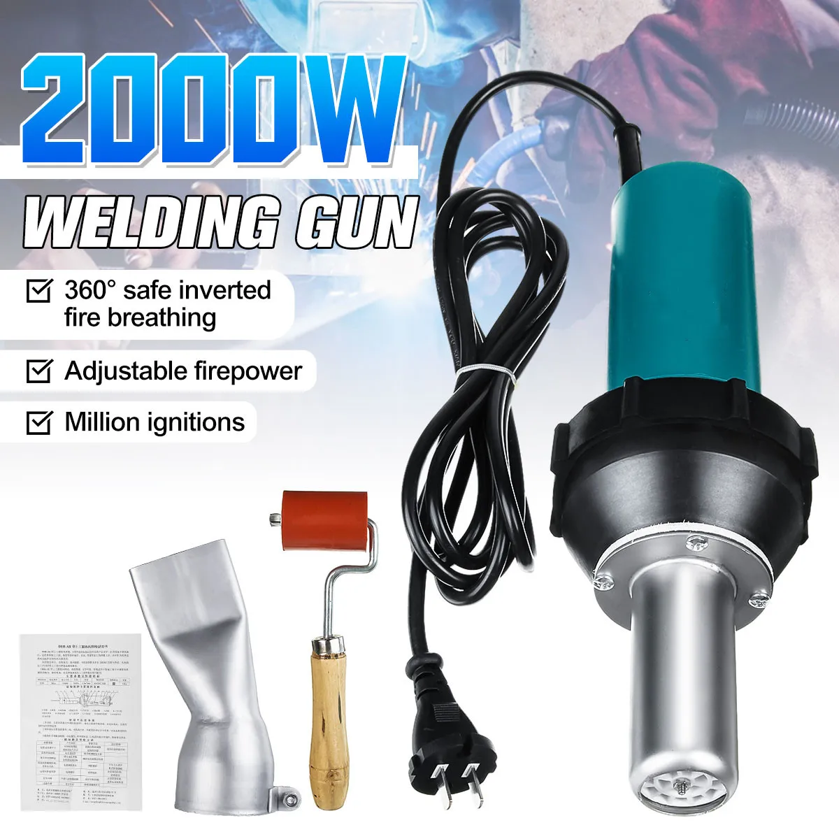 

2000W AC 220V 50/60Hz Hot Air Torch Plastic Welding Gun Welding Torches For Welder + Round / Flat Nose +Roller Wholesale Price