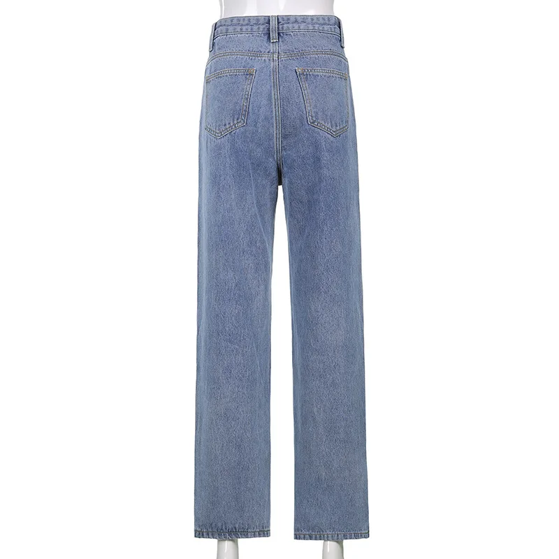 

Women's 2021 Summer High Waist Casual Drape Straight Trousers Boyfriend Jeans Fashion Love Sequined Trousers Split Blue Jeans
