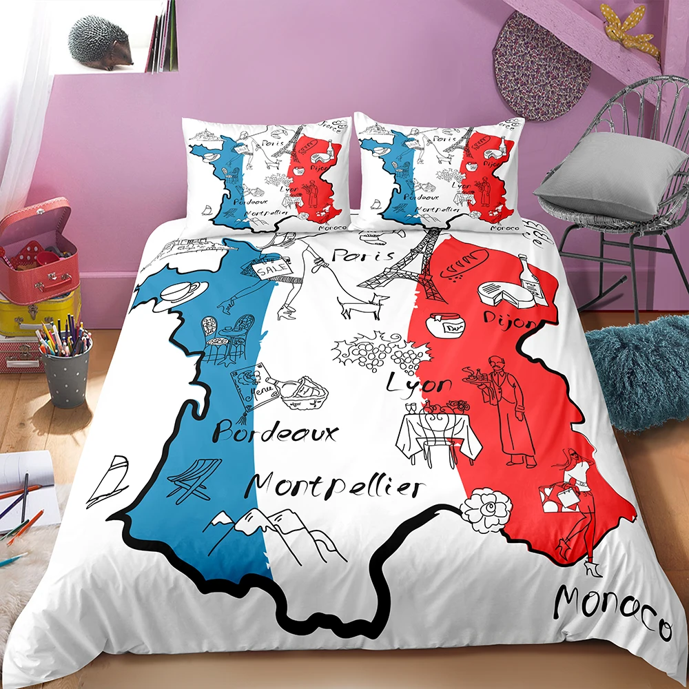 Франция Путешествия карта пододеяльник набор мультфильм география постельные