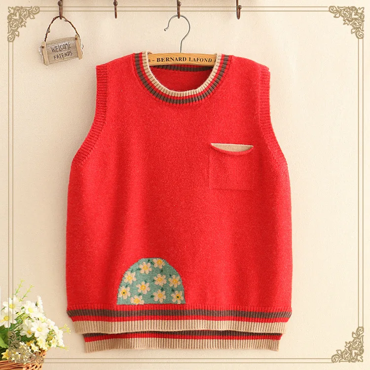 Autumn sweater Sen female loose short Slim wild vest round neck color matching bottoming top |