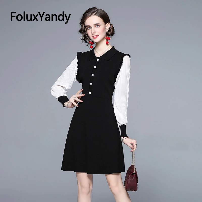 

French Elegant Dress Women Patchwork Lantern Long Sleeve A-line Preppy Style Dress Black Mini Vestidos QCFS16