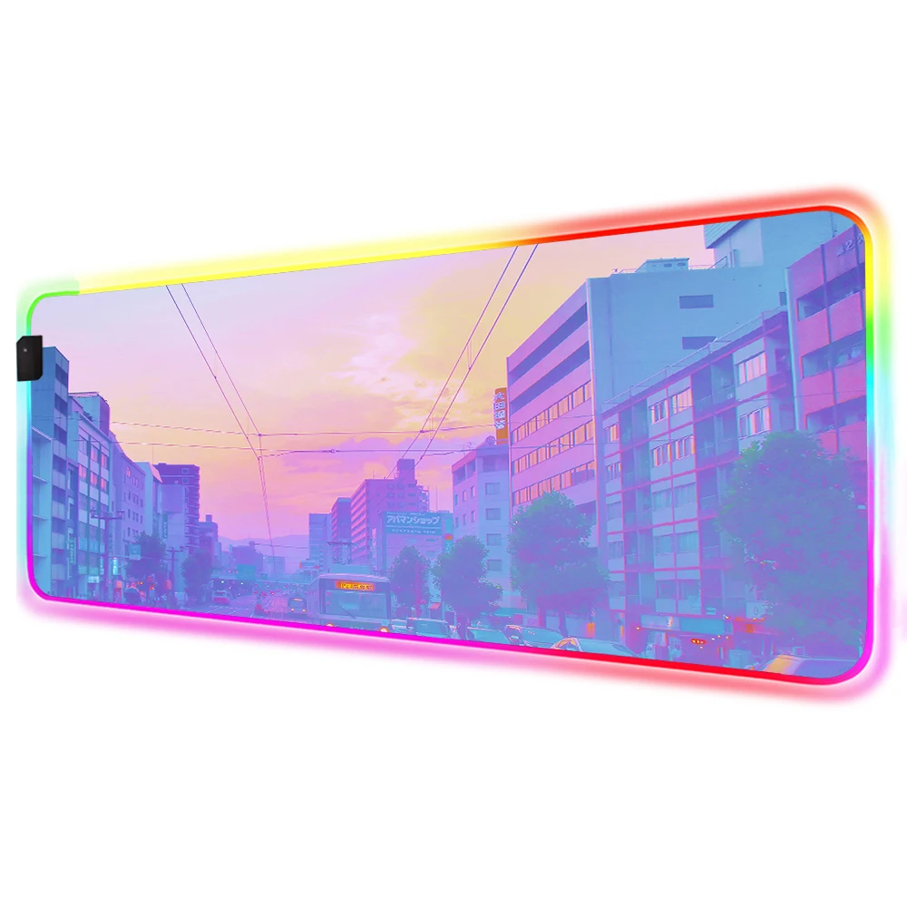 

Pink Girl Likes Scenery City Sunrise Aesthetic Art Rgb Comfortable Gaming Mouse Pad Colorful LED Laptop PC Keyboard Pad Desk Mat