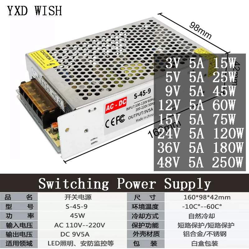 

Switch Power Supply Led Strip Power Supply AC100-220V to DC 3V 5V 12V 15V 18V 24V 36V 48V 15W 25W 45W 60W 120W 250W Transformer