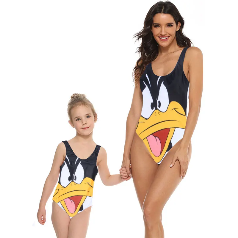 

Mommy and Me Swimsuit One Piece Black Duck Printed Bathing Suit Family Matching Mother Daughter Swimwear Monokini Beachwear