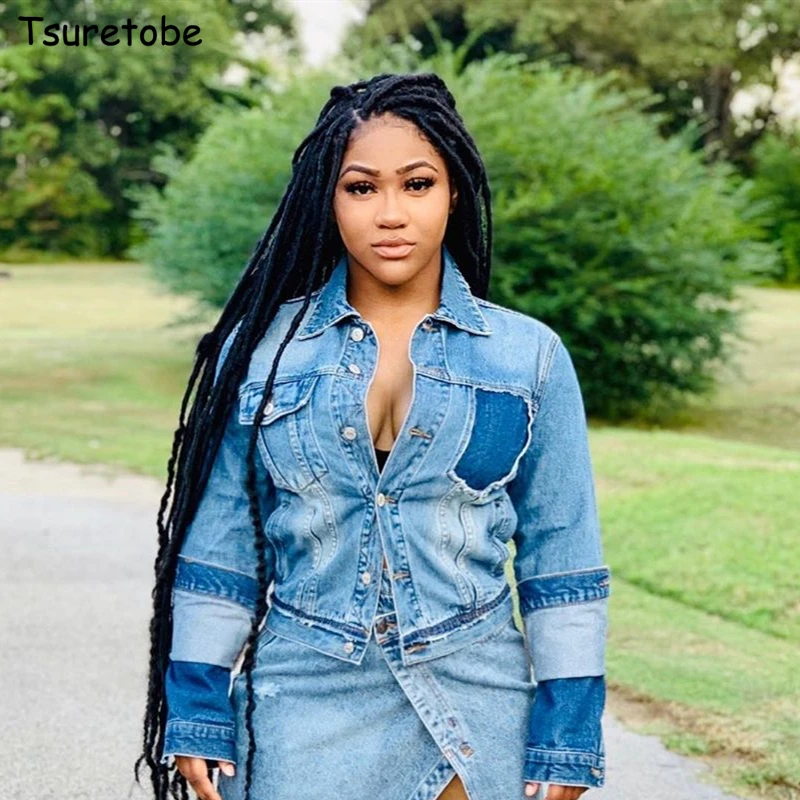 Женская джинсовая куртка в стиле пэчворк Tsuretobe свободная с длинными рукавами и