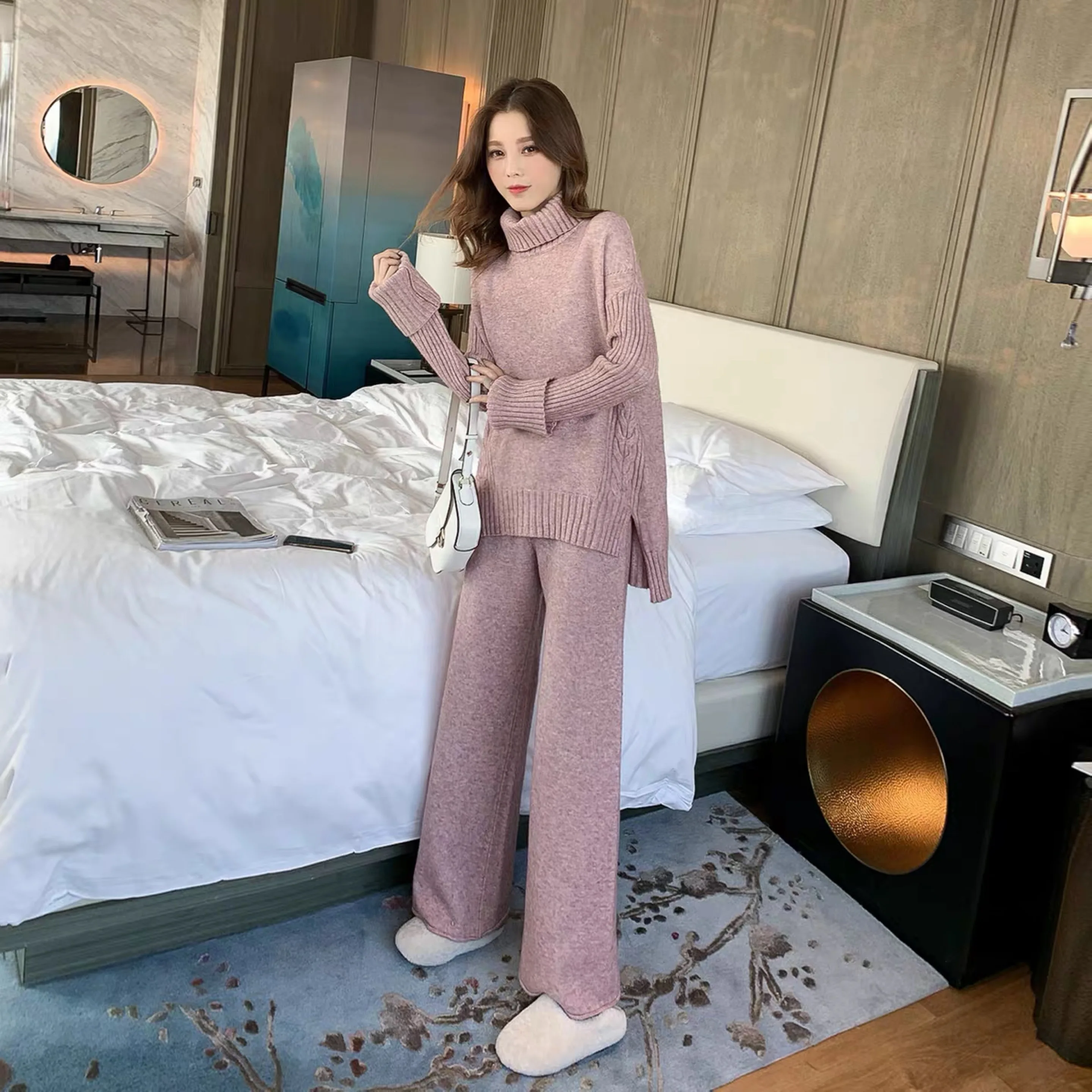 Женский вязаный костюм двойка Однотонный свитер с высоким воротником и