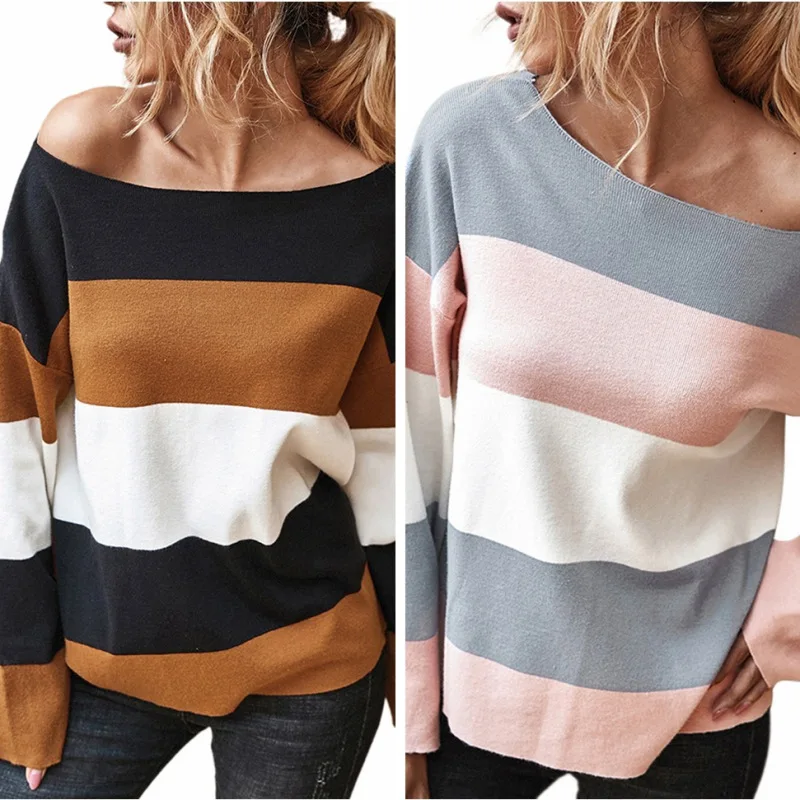 

Women's Pullovers Spring Autumn Female Casual Fashion Round Neck Color Striped Splice Long Sleeve Sweater Pullover Tops