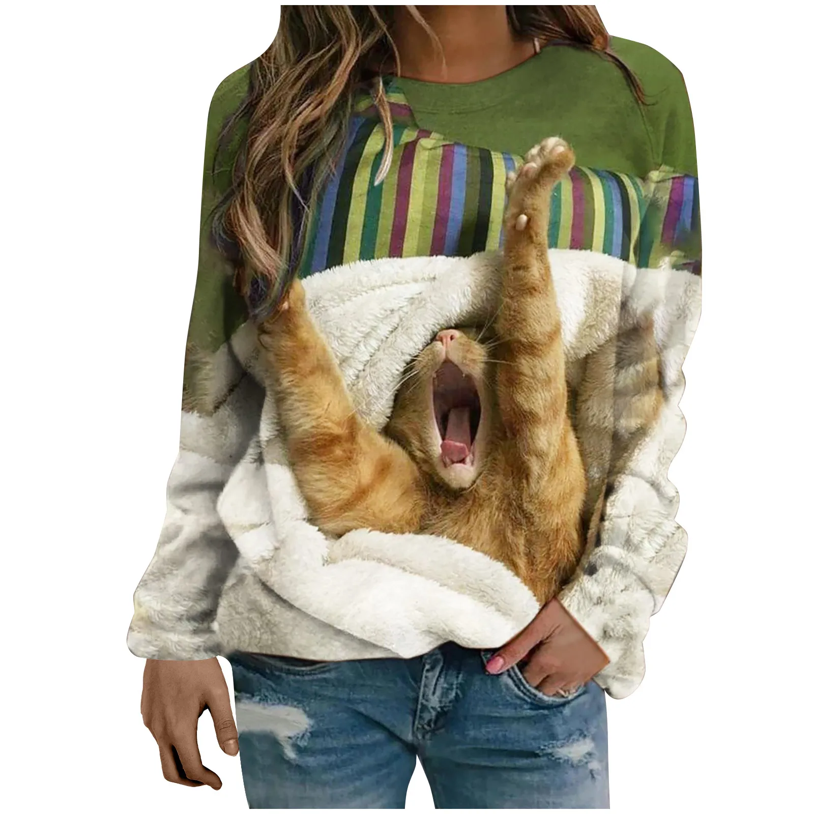 

Весенняя модная футболка с 3D-принтом смешного кота в стиле Харадзюку, Повседневный пуловер с длинным рукавом и графическим принтом, топы, Же...