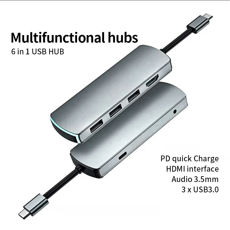 

6in1 usb 3.1 hub with multi hdmi pd charging/3.5mm Audio docking station type-c to hdmi splitter 4k 60hz for PC IPHONE LENOVO