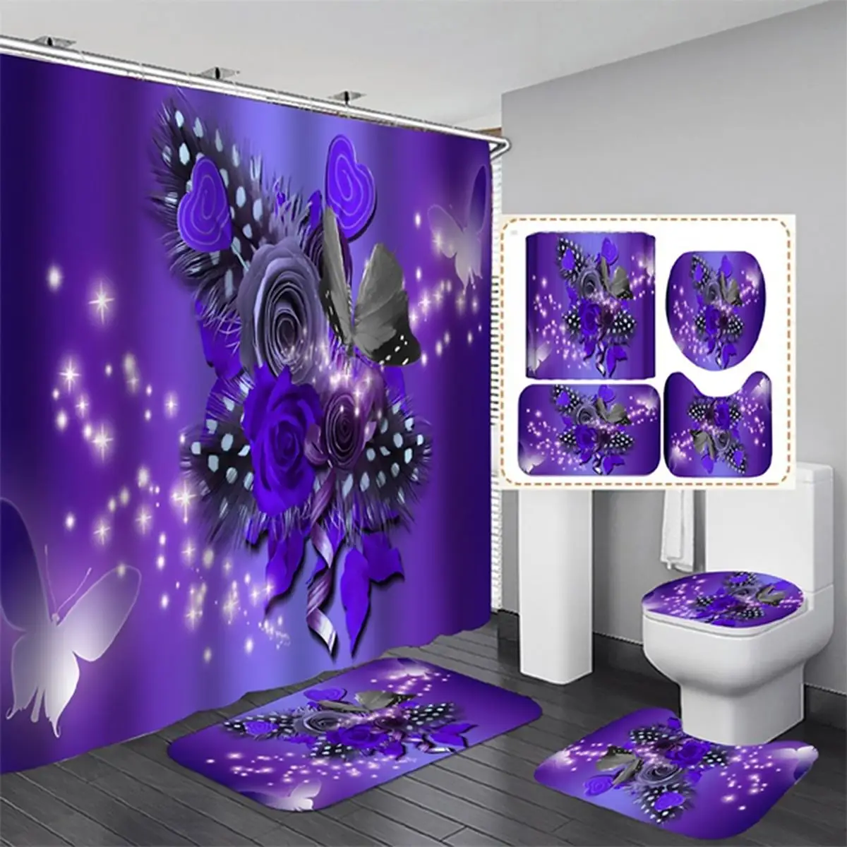 3D Print Shower Curtain Set Flower Butterfly Natural Landscape Home Decoration Bathroom Curtains Carpet Toilet Cover Bath Pad images - 6