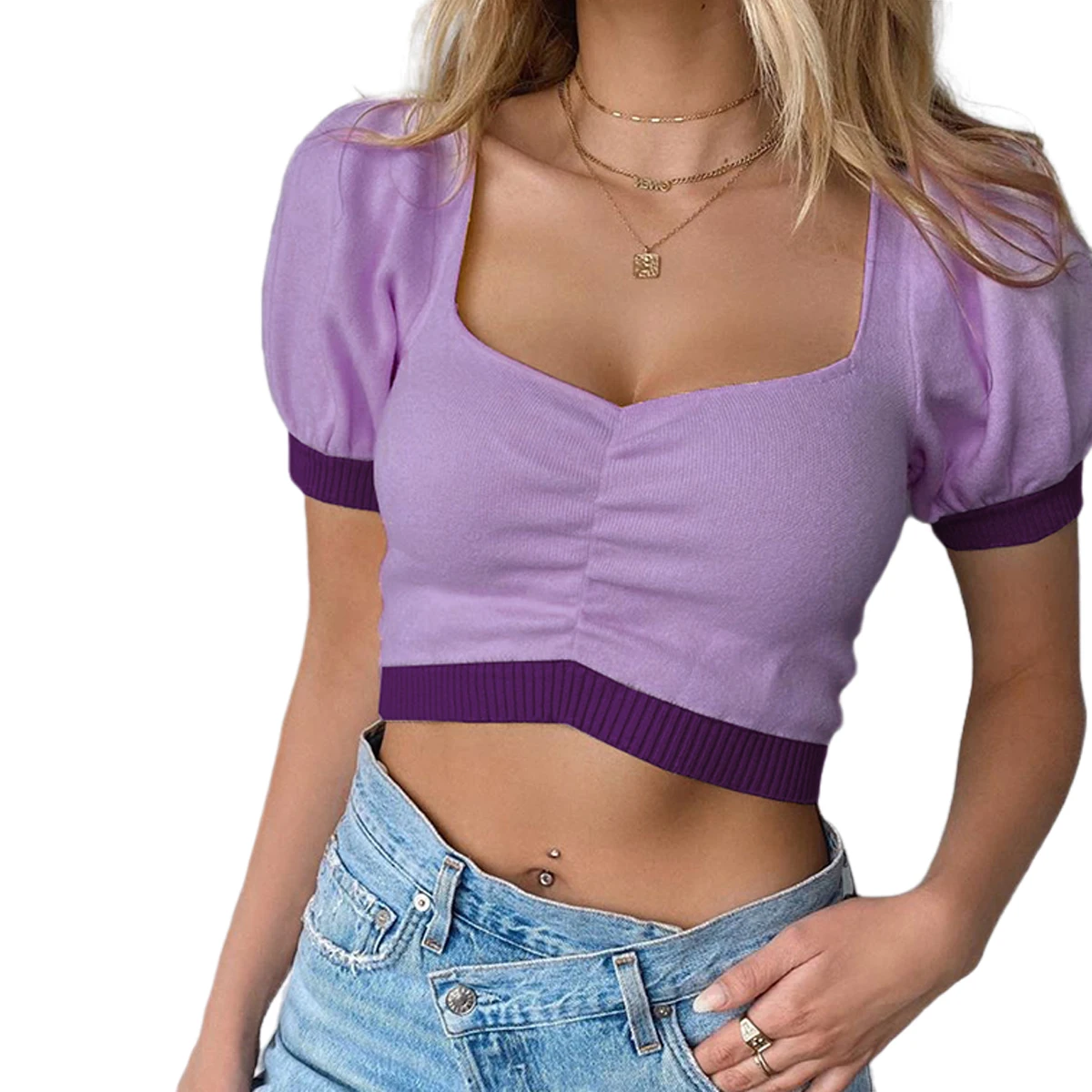 Женский укороченный топ с рукавами-фонариками фиолетовая облегающая футболка в
