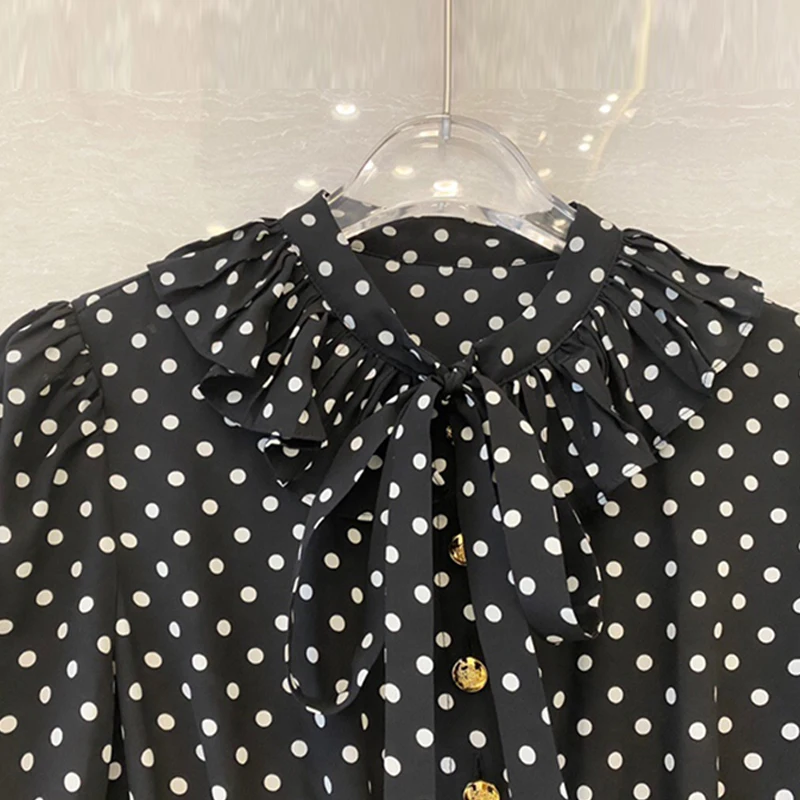 

Bow tie polka dots woman retro shirt long dress women A line summer women elegant black fashion dress