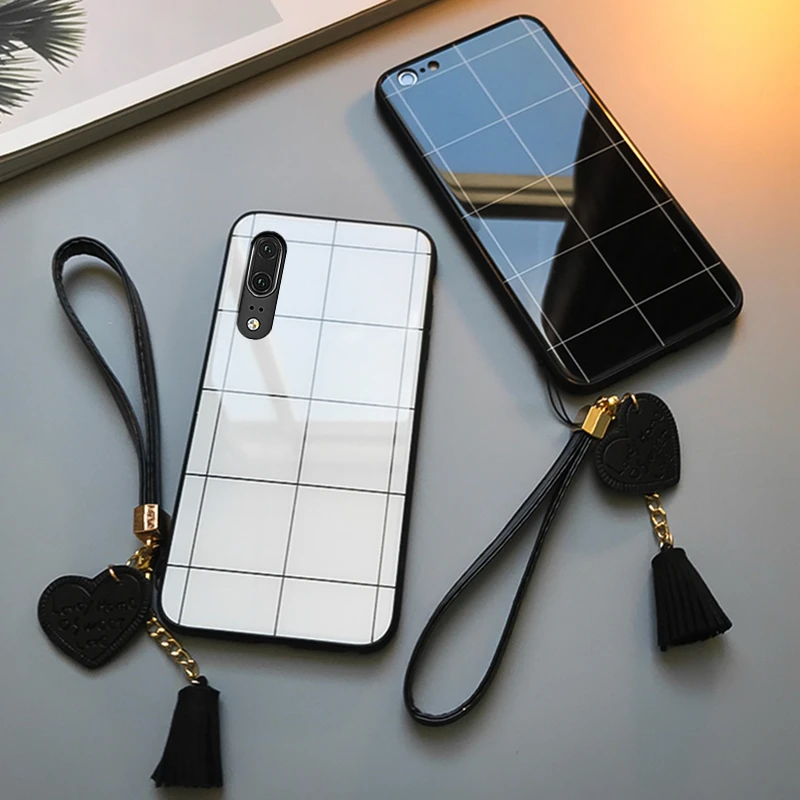 

For Huawei Y9 prime P smart Plus y6 Pro 2019 Case Lattice Line Glossy Hard Glass Cover For Huawei P Smart 2019 y9 2018 Casing