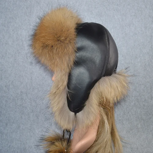 raccoon fur Женская шапка из натурального Лисьего меха, зимняя шапка-ушанка, шапка-бомбер, шапка для русской снежной погоды, Толстая теплая меховая шапка из натуральной кожи для девочек - Цвет: raccoon fur