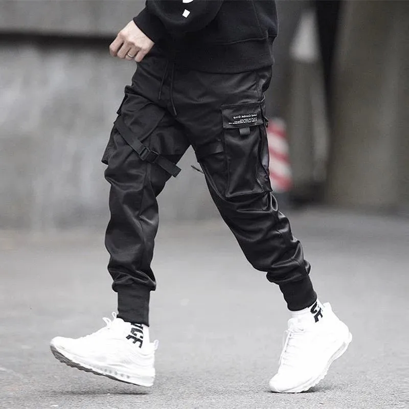

Men Cargo Pants Black Ribbons Block Multi-Pocket Joggers Harajuku Sweatpant Hip Hop Casual Tide Male Trousers
