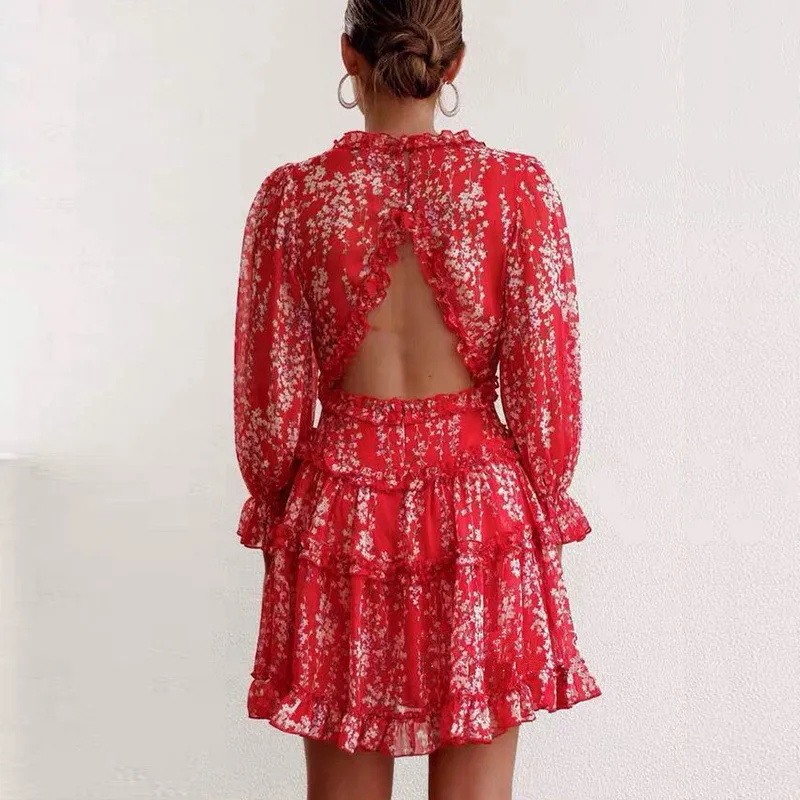 

2020 Summer Sexy Women Print Dress Vintage Casual V-neck Puff Sleeves Slim Ruffles Dress