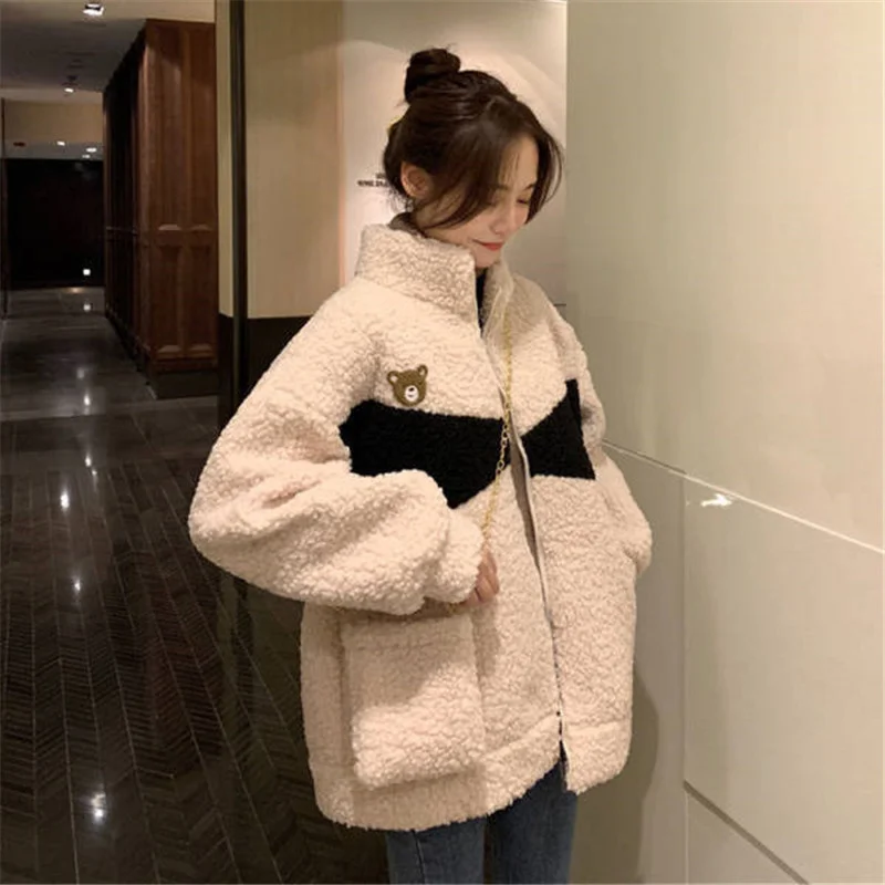 

Winter Women Coat Korean New Oversized Loose Slouchy Style Plush Imitation Lamb Wool Jacket Female En*