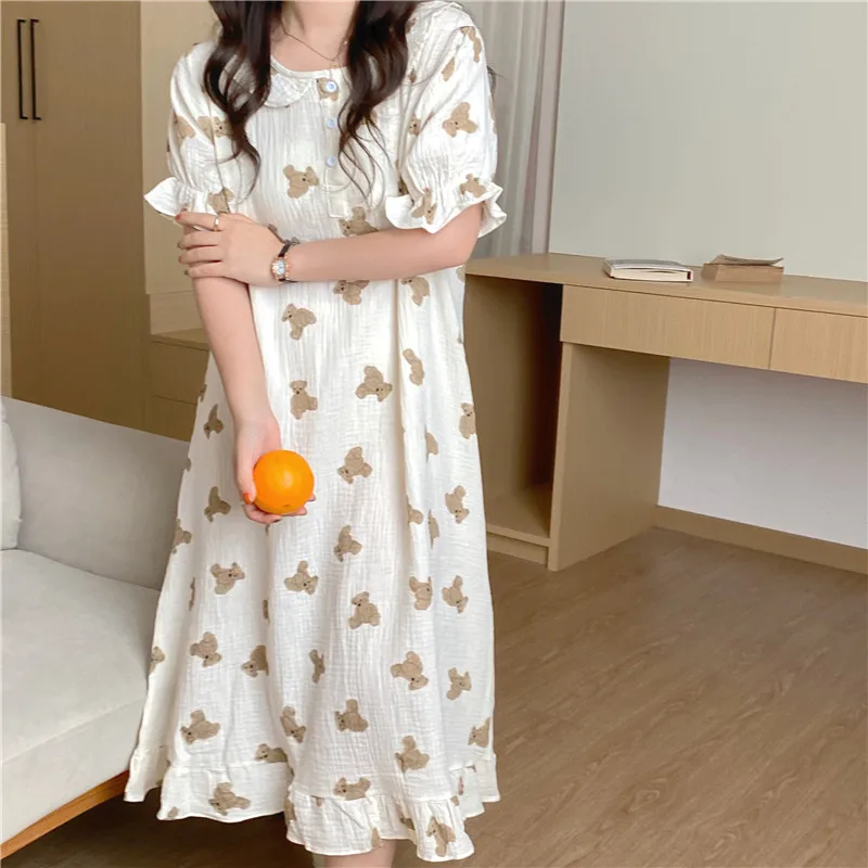 

CBAFU crepe cotton cartoon print bear nightgowns women homewear dress ruffles peter pan collar nightdress girls sleepwear N114