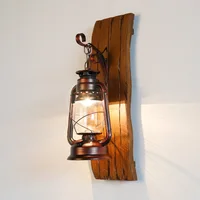 E27 American Country Solid Wood Wall Lamp Wrought Iron Kerosene Lamp Horse Lamp Wood Art Handmade Mediterranean Antique Glass
