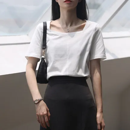 

Футболка HAN с коротким рукавом женская летняя новая стильная простая футболка из чистого хлопка с квадратным воротником однотонная свободн...