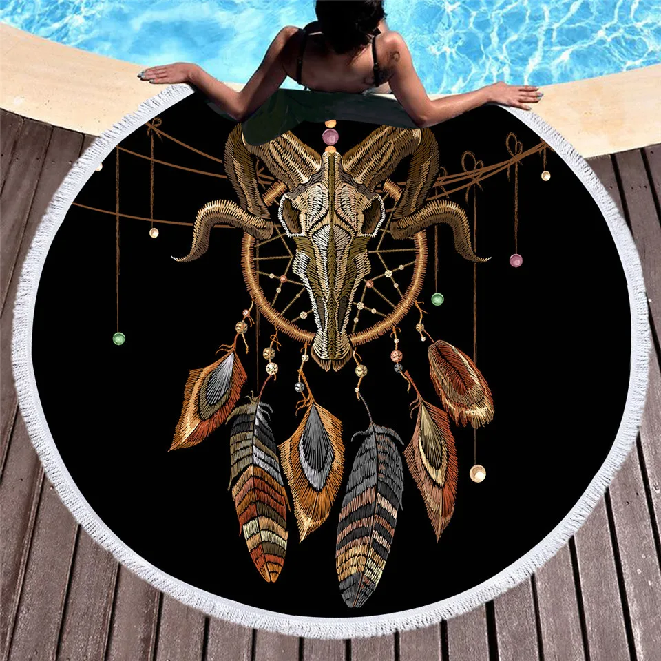 

black Indian Sheep Horn Beach Towels Microfiber Beach Towel for Adult Household Bath Towel Outdoor Portable Round Beach Towel