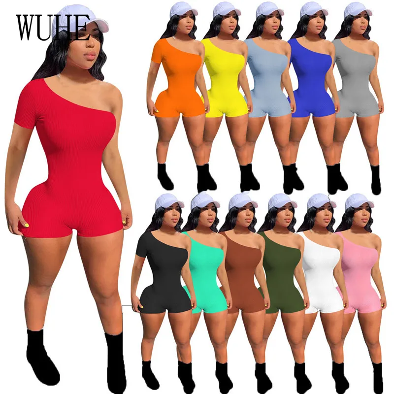 

KEXU Rib Knit Rompers Strapless One Shoulder Short Sleeve Package Hip Skinny Joggers Sports Fitness Casual Summer Overalls